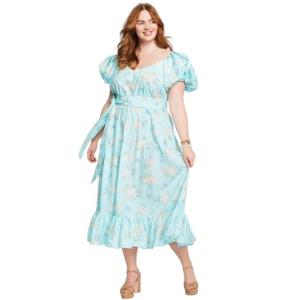 LoveShackFancy x Target Estelle puff sleeve blue floral maxi dress sz 22 3X EEUC